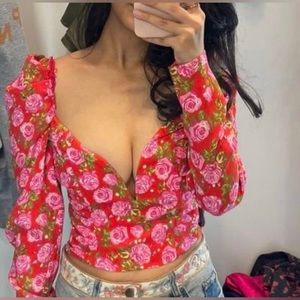 NWT  Zara Floral Draped Long Sleeve Cropped Deep V-Neck Ruched Top XS